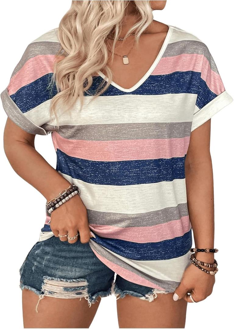 Verdusa Women's Plus Size Striped Color Block T Shirt V Neck Short Sleeve Casual Tee Tops
