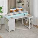 Lufeiya L Shaped Desk with Led Lights and Power Outlets, 47 Inch Writing Study Computer Gaming Desks with Fabric Drawers for Bedroom, Home Office Corner Desk with Monitor Stand Shelves, White, 47.2"