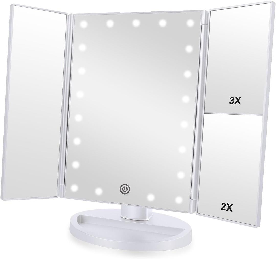 Tri-fold Lighted Vanity Makeup Mirror with 3x/2x Magnification,21 LEDs Light and Touch Screen,180 Degree Free Rotation Countertop Cosmetic Mirror, Travel (White)