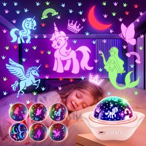 Onefire Girls Toys for Girl Gifts, 6 Films Light Projector Unicorn Toys for Girls Age 4-6, Rechargeable Night Lights for Bedroom, 360 Rotating Butterfly Decor Mermaid Gifts Princess Baby Toddler Toys