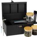 Premium Large Bamboo Box with Combination Lock,Storage Decorative box,Storage Lockbox Set with Plentiful Accessories 3 Jars & 3 Brushes&4 Tubes,Removable Tray,Detachable Compartment,Elegant Black