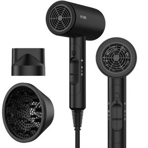 FUNTIN Hair Dryer, Blow Dryer with Diffuser Brush Comb for Women 4C Thick Curly Hair 1800w-Professional Black (Rose Golden Black)