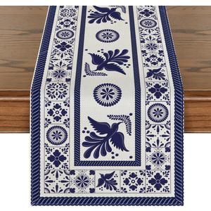 Artoid Mode Floral Bird Dia De Los Muertos Mexican Table Runner, Blue Patchwork Tiles Kitchen Dining Table Decoration for Home Party Decor 13x108 Inch