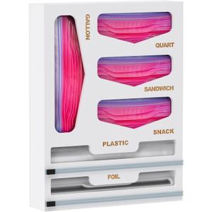 DALSHABET Bamboo Bag Organizer with Magnetic Closure, 6 In 1 Kitchen Drawer Foil and Plastic Wrap Dispenser with Cutter, Storage bag for Gallon, Quart, Sandwich, Snack White