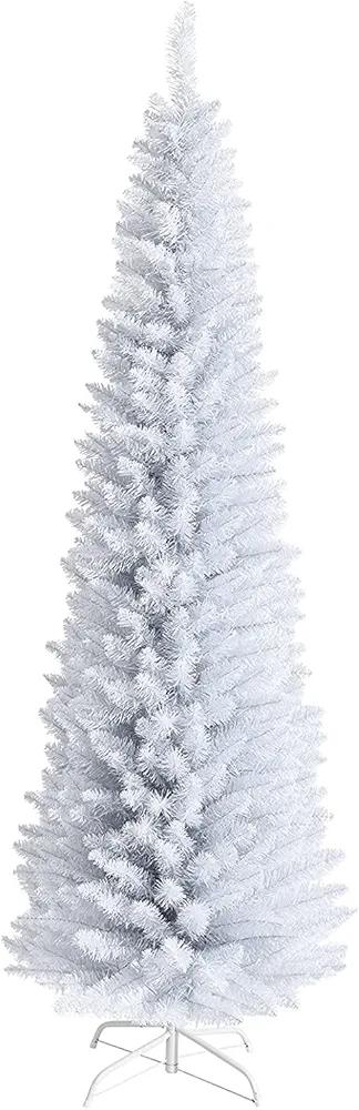 CHEFJOY 7FT Pencil Christmas Tree, 436 Branch Tips Slim Skinny Xmas Tree with Stable Metal Stand, Hinged Design for Easy Assembly, Artificial Holiday Pine Tree for Indoor Outdoor Decoration, White