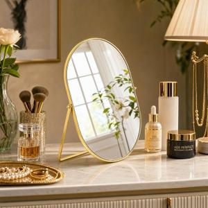 Vanity Desk Table Mirror Oval Makeup Mirror 90Adjustable Rotation Golden Metal Framed Standing Mirrors Room Decor for Living Room,Bedroom,Tabletop,Bathroom
