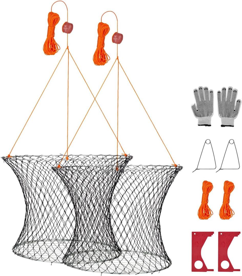 VEVOR Double Ring Crab Trap, 24 inch Top, 20 inch Bottom, Two Rings Crab Kit, Foldable Fishing Net with Gauge, 60 ft Rope, Wire Grid Bottom, Rock and Blue Crab, Dock & Pier Crabbing, 2 Set