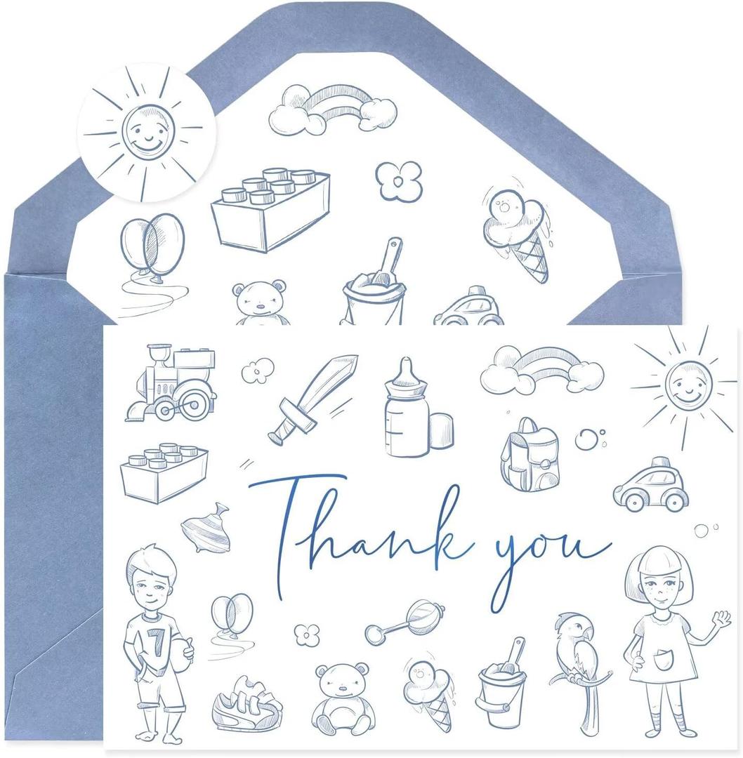 Thank You Card Set for Baby Showers - 48 Pack with Envelopes & Stickers, Adorable Blue Cartoon Theme Blank Cards for Newborn Parties