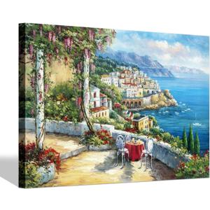 SD SOFT DANCE European Town Canvas Wall Art - Coastal Flower Garden Artwork Painting Reproduction Print for Office (24'' x 36'' x 1 Panel)