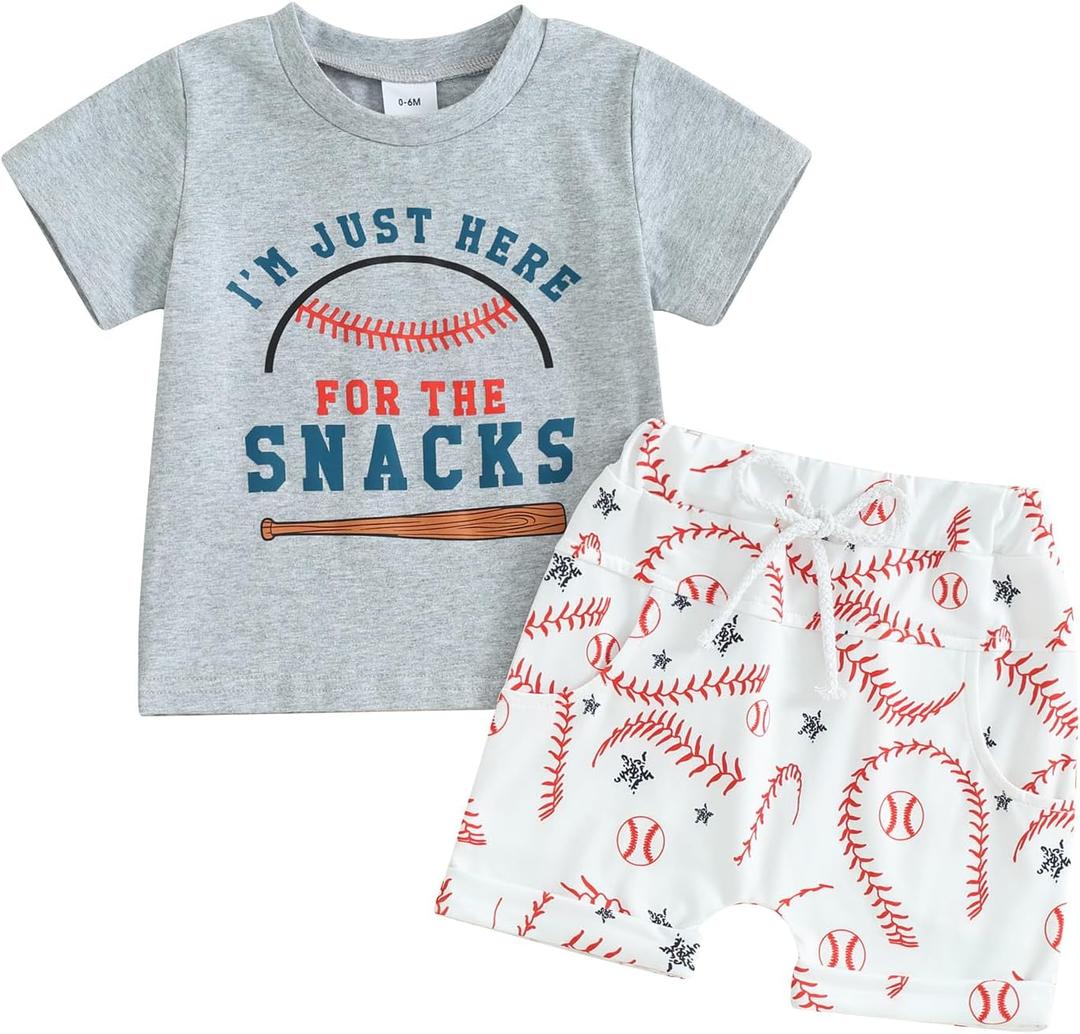 Gueuusu Toddler Baby Boy Baseball Outfit Little Brother Biggest Fan Short Sleeve T Shirt Baseball Short Set Summer Clothes (Gray snacks, 3-6 Months)