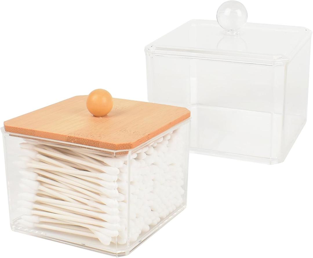 2pcs Acrylic Qtip Holder Dispenser with Lids, Clear Square Bathroom Canisters Plastic Storage Container