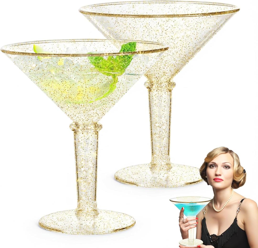 Unbreakable Giant Martini Glasses set of 2, 48 oz Plastic Cocktail Glasses, Jumbo, Reusable, BPA Free, Detachable, Perfect for Picnic, Beach & Patio Party, Appetizers, Birthday, Wedding and All Events (Gold Glitter - 2pcs)