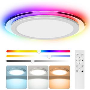 14.2 Inch Smart Flush Mount Ceiling Light, RGB LED Ceiling Light Fixture, 28W 2800LM Flush Mount Light Fixture, DIY Colors, 3000K-6500K Remote Lights for Bedroom, Living Room