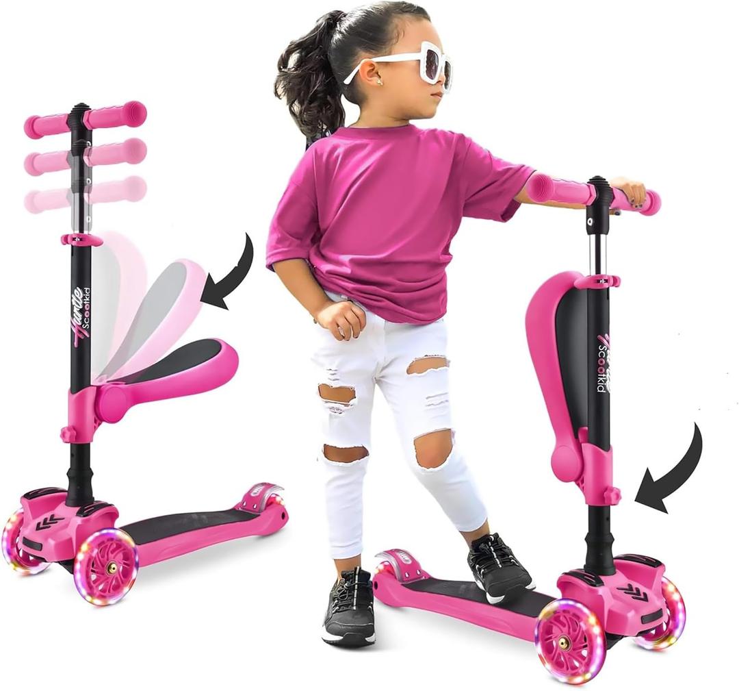 Hurtle 3-Wheeled Scooter for Kids - Wheel LED Lights, Adjustable Lean-to-Steer Handlebar, and Foldable Seat - Sit or Stand Ride with Brake for Boys and Girls Ages 1-14 Years Old (Pink)