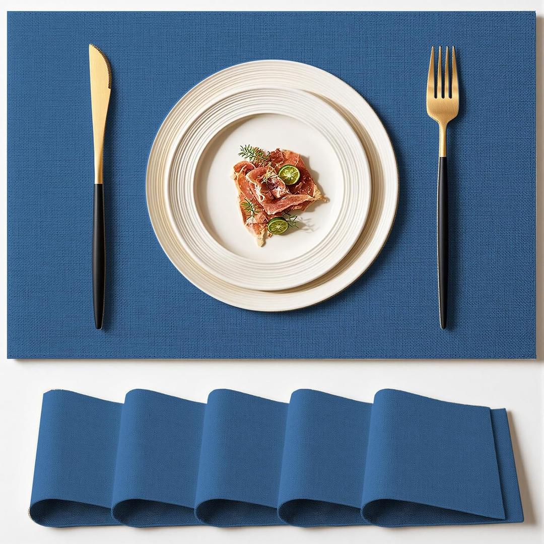 Placemats Set of 6 Linen Type Fabric Cloth Placemats, 18x12 Inch Double Layered Thick Wrinkle Free Heat Resistant Table Place, for Dining, Kitchen, Party (45 * 30cm, Dark Blue)
