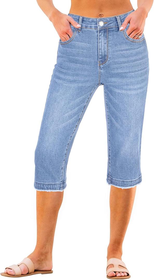 luvamia Capri Jeans for Women Trendy Mid Rise Distressed Raw Hem Casual Summer Stretchy Denim Capris Pants Relaxed Fit (Blue, L)