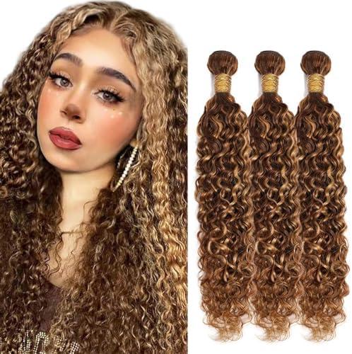 P4/27 Brown Bundles Human Hair Water Wave Bundles 20 22 24 Inch Unprocessed Brazilian Virgin Hair Highlight Blonde Water Wave 3 Bundle Human Hair Extensions 50 Gram Per Bundle For Black Women