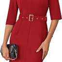 GRACE KARIN Women's Work Dress 3/4 Sleeve V Neck Bodycon Sheath Dress Zipper Up Office Business Dresses with Belt (XX-Large, Dark Red)