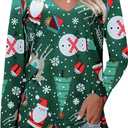 Ugly Christmas Shirts Women Merry Christmas Trees Tees Long Sleeve Xmas Snowman Blouse Top V Neck (Green, L)