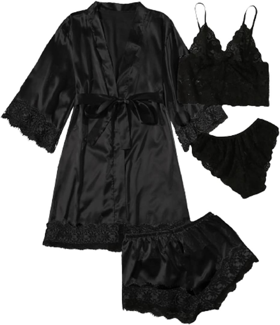 WDIRARA Women' Silk Satin Pajamas Set 4pcs Lingerie Floral Lace Cami Sleepwear with Robe (Medium, Black Belted)