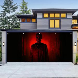 BlissYard Halloween Garage Door Cover 13x6Ft Red Skull Corridor Banner Creepy Skeleton in Hallway Horror Backdrop Scary Halloween Garage Poster for Outdoor Haunted House Yard Trick or Treat Party
