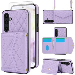 Asuwish Phone Case for Samsung Galaxy A25 5G Wallet Cell Cover with Tempered Glass Screen Protector RFID Blocking Credit Card Holder Slot Crossbody Strap A 25 25A SM-A256U Women Men Girls Purple