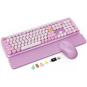 Wireless Keyboard and Mouse Combo with Detachable Magnetic Wrist Rest, Retro Typewriter-Style Keyboard, Round Keycap, Adjustable Legs, 3-Level DPI Mouse, 2.4GHz for Windows PC/Laptop (Lavender Purple)