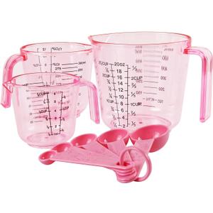 Pink Plastic Measuring cup Measuring spoon Set: 3 Stackable Liquid Measuring Cups 150/300/600ml and 5 Spoons 1.25-15ml, Used to Create Pink Kitchen Themes, Baking, Cooking