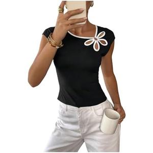 Milumia Women's Cut Out Floral Pattern Cap Sleeve Tee Shirt Contrast Binding Slim Fit Crop Tops, S