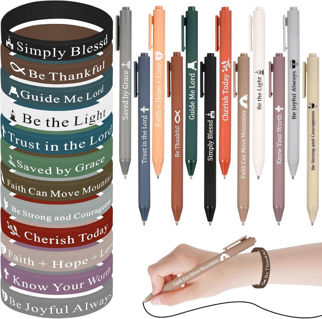 Glenmal 24 Pcs Bracelets Christian Pens Set Christian Gifts Black Ink Ballpoint Pens Silicone Wristbands Colored Rubber Bracelets for Kids Nurse Teachers Church Office Supplies (Dark Color, Bible)