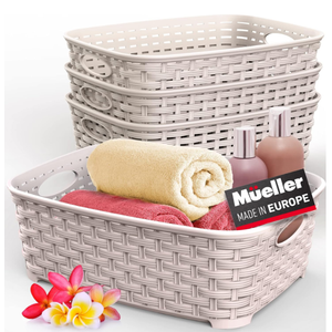 European Made Plastic Storage Bins, Heaviest Duty, Household Organizer Bins for Bathrooms, Bedrooms, Kitchens, Laundry Room, Cabinets, Shelves, 4 Pk, Beige