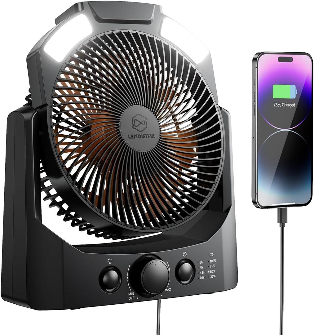 Camping Fan with LED Lantern, 8 Inch 20000mAh Battery Operated Desk Fan with Timer, High Velocity Stepless Speed Control, Quiet, 180 Rotation USB Portable Fan for Outdoor, Hurricane, Emergency