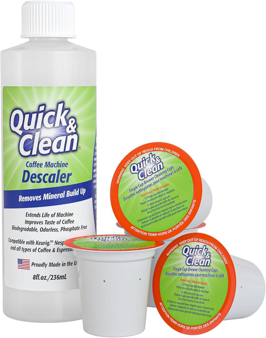 Quick & Clean 4-Pack of Cleaning Cups with Descaler Bundle (2 Total Uses) - 2.0 Compatible, Descaling Solution for Keurig, Nespresso, Ninja, Delonghi, All Coffee and Espresso Machines