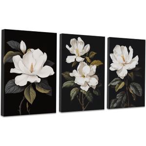 CCWACPP 3 Piece Floral Canvas Wall Art Magnolia Flowers Pictures Black and White Flowers Painting Prints Modern Bedroom Living Room Home Decor Framed (A, (12"x16"x3))