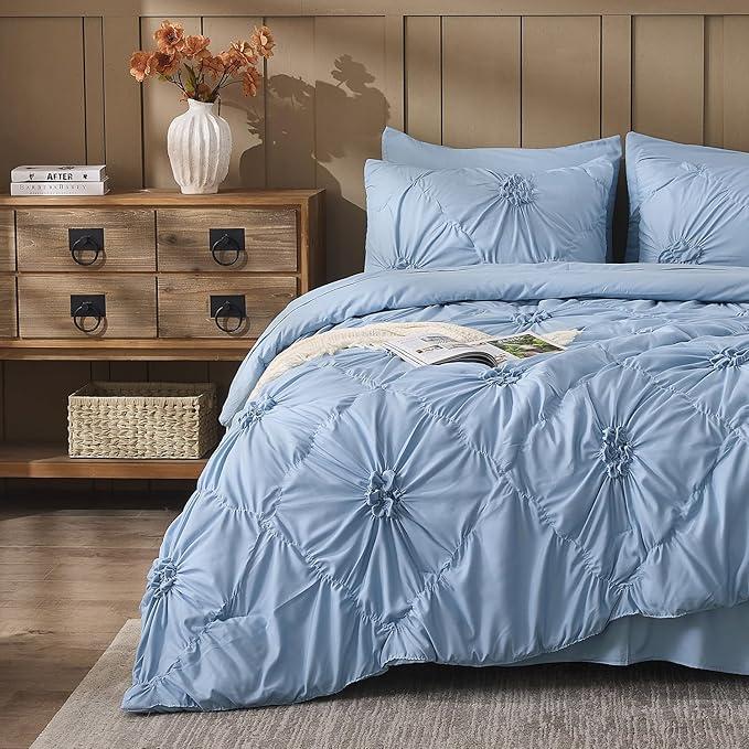 Sky Blue Comforter Set King Size Bed in A Bag 7 Piece Pinch Pleat Bedding Set, Pintuck Ruched Flowers Bed Set with Comforter, Sheets, Pillowcases & Shams