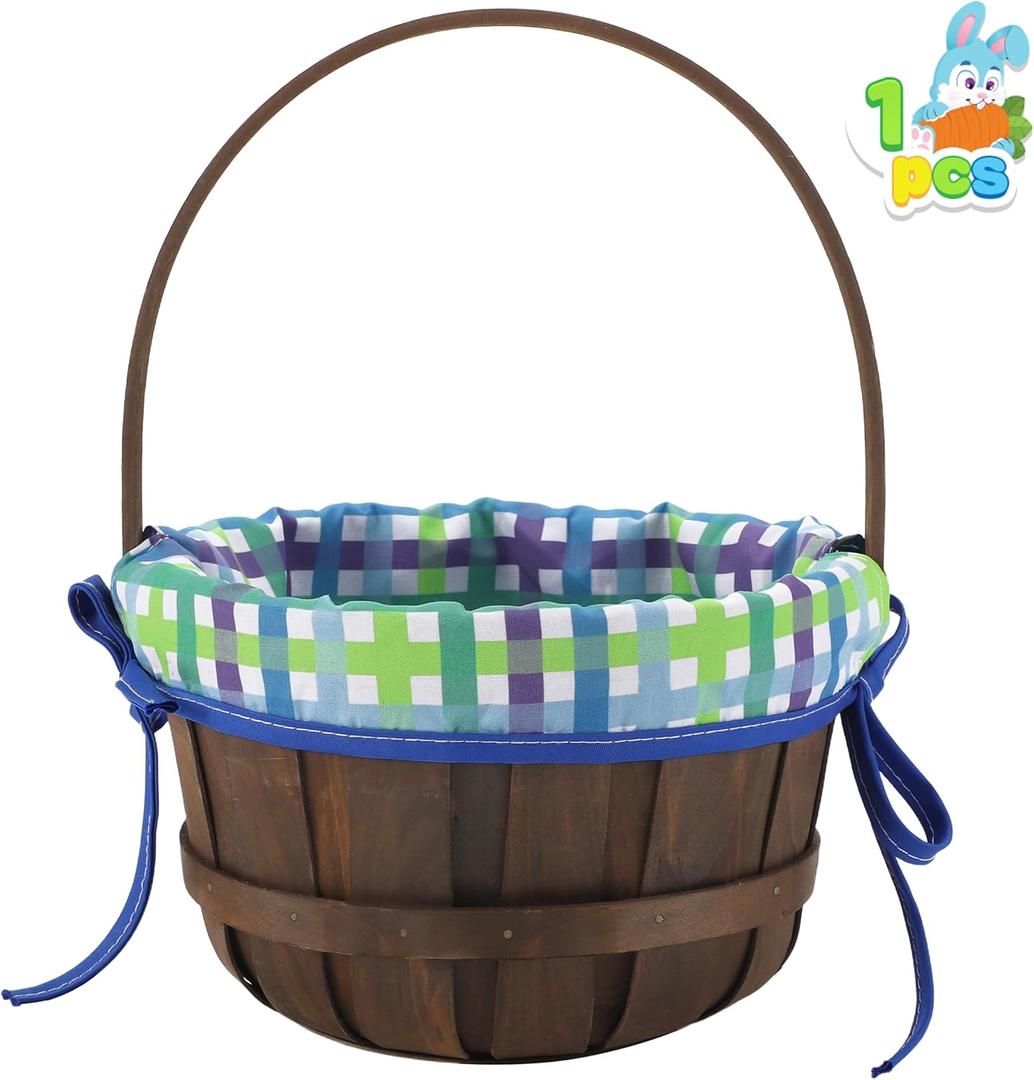 JOYIN Easter Woven Basket with Lining, Brown Wooden Easter Egg Hunt Basket with Handle for Picnic,Goodie Storage, Gift Packing, Party Favors Supplies Decorations, Filling with Candy(12.4" x 9.1")