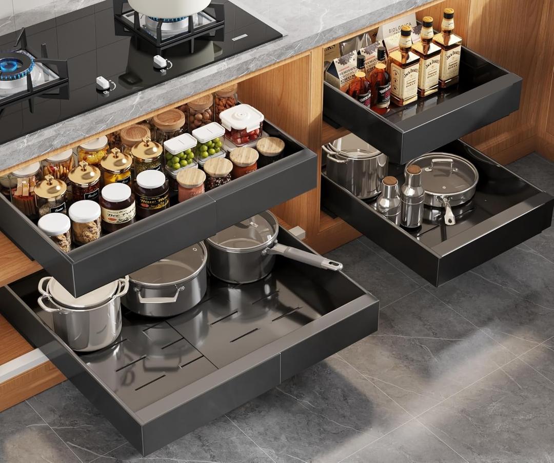 4 Pack Expandable Pull Out Cabinet Organizer 21"Deep With Raising Pad for Framed Cabinets,Upgrade 3 Slide Rails Slide Out Drawers, No Drill Roll Out Shelves, Adjustable Width 12.1"-20.4" Black