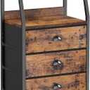Furnulem Nightstand with 3 Drawers and 2-Tier Shelf, Fabric Small Dresser Organizer Vertical Storage Tower for Bedroom, Closet, Hallway, Nursery, End Table Side Furniture, Sturdy Steel Frame, Wood Top