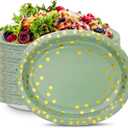 30Pcs Sage Green Paper Plates 10" X 12" Oval Sage Green Party Plates Large Disposable Green Gold Dinnerware for Holiday Birthday Wedding Baby Shower Engagement