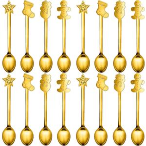 16 Pieces Christmas Spoon for coffee Creative Stainless Steel Stirring Spoon Bulk for Soup Dessert, 4 Styles(Gold)