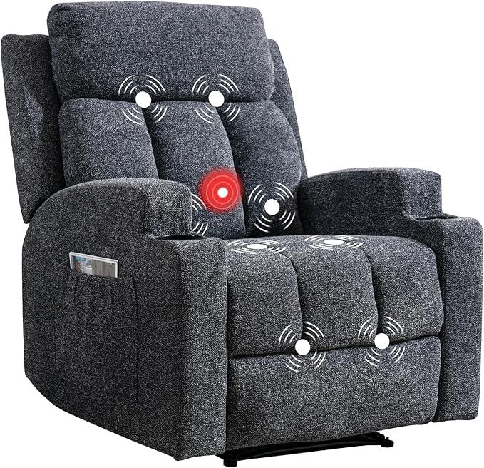 CANMOV Manual Recliner Chair with Massage and Heat,Soft Fabric Recliner Chair with Overstuffed Arm and Back, Manual Reclining Single Sofa with 2 Cup Holders, Side Pocket for Living Room,Dark Grey