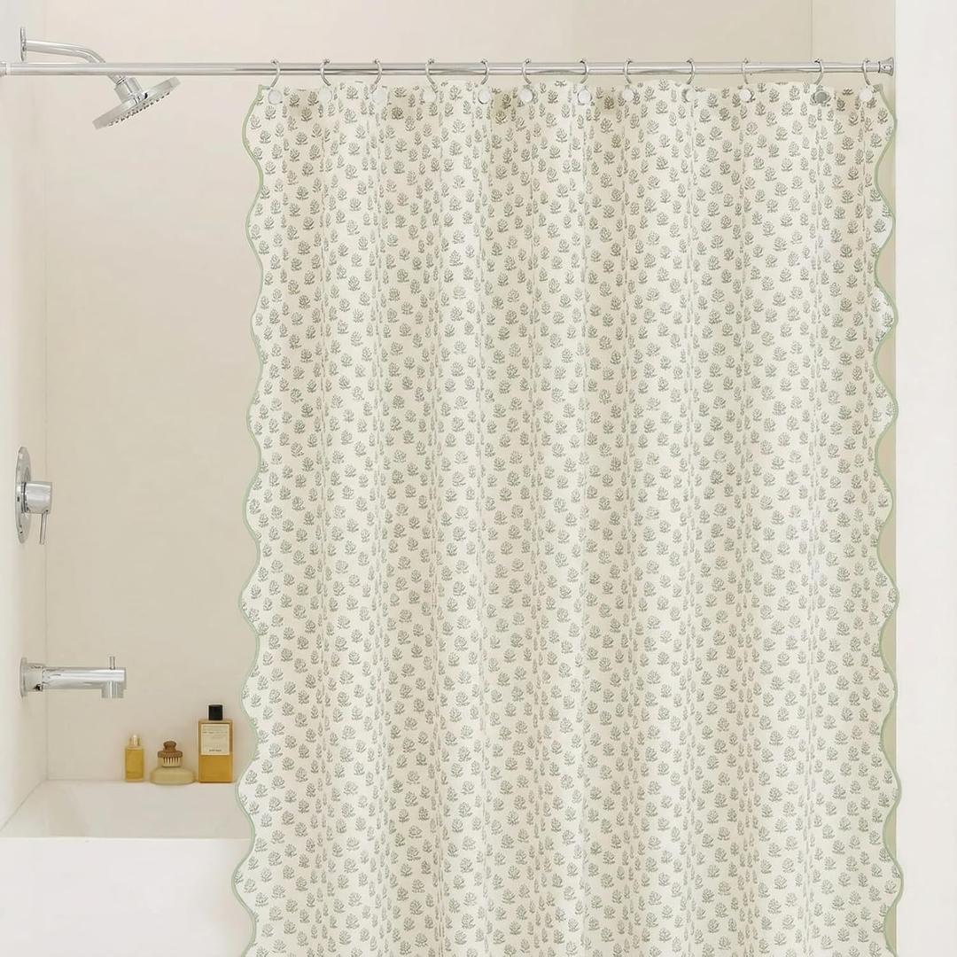 Mindsoft Toile Shower Curtain 72" x 72" Cotton Linen Print Curved Edge Curtain with 12 Metal Hooks Waterproof Bath Decor for 18th Century Style Bath Accessories (Green and White,Begonia)