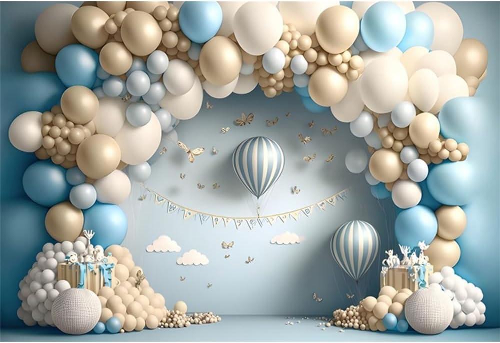 Leyiyi 10x7ft 3D Balloons Backdrop for Boys 1st Birthday Party White Blue Hot Air Balloon Blue Sky White Clouds Cake Smash Photography Background Sweet First 1st Birthday Backdrop Photo Booth Props