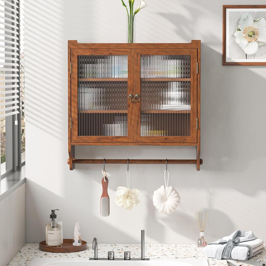 Double Glass Door Wood Wall Cabinet with Detachable Shelves,Brown, Large
