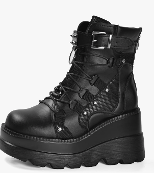 Platform Goth Ankle Boots for Womem Black Holographic Combat Chunky Heel Boots with Side Zip Lace Up Wedge Booties sz 40