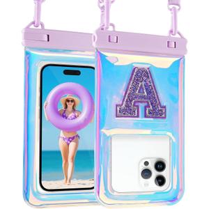 Waterproof Phone Pouch Floating, Fashion Bling Letters Cell Phone Dry Bag for iPhone 16 15 14 13 12 11 Pro Max, Galaxy S25 S24 S23 S22 Ultra Google, Up to 7.5 Inch, Glitter Letter A Iridescent
