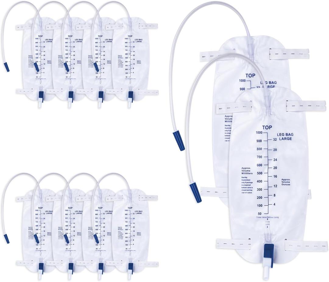 DOKIBI 1000ml Catheter Leg Bags, Urinary Drainage Bag for Men Women with Anti-Reflux Valve, 18” Tubing and Adjustable Cloth Straps, Easy Flip Drain (Pack of 10)