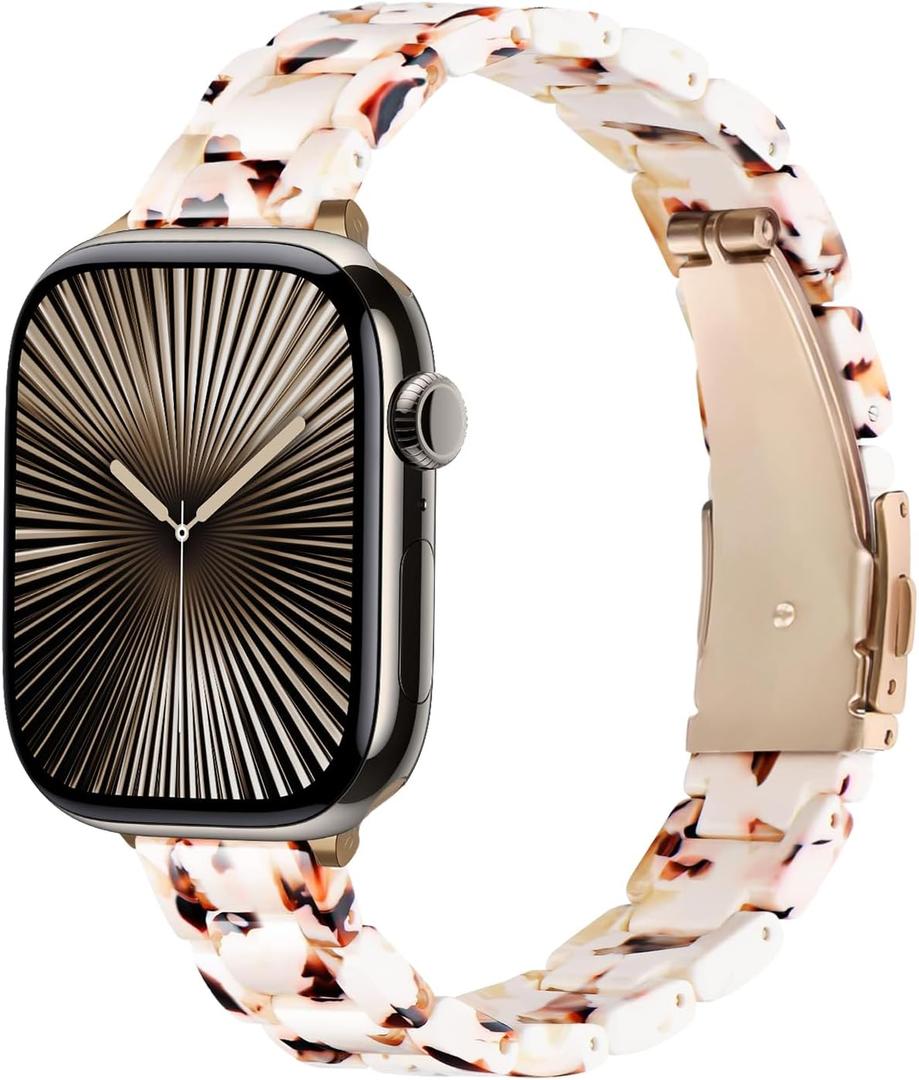 Slim Resin Band Compatible With Apple Watch Band Women 38mm 40mm 41mm 42mm 44mm 45mm 46mm, 14mm Thin Tortoise Lightweight Bracelet Dressy Strap for iWatch Bands Series 11 10 SE 2nd/3 9 8 7 6 5 4 3