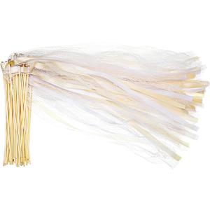 Vinsot 100 Pieces Lace Ribbon Wedding Wand Sticks Party Streamers with Bells Lace Silk Fairy Stick Wand Streamers for Wedding Send Off Party Activities Holiday Celebration Favors (Champagne)