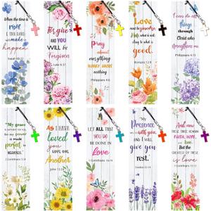 30 Pieces Christian Bookmarks Bible Verses Inspirational Scripture Bookmark Bulk Religious Positive Page Marker with Cross Pendant for Mother Day Church Gift, 2 x 7 Inch(Flower Style)